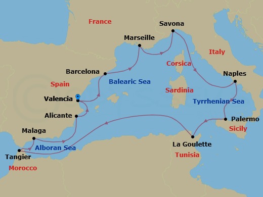 Route map: Valencia → Barcelona → Marseille → Savona → Naples → Palermo → La Goulette (Tunis) → Tangier → Malaga → Alicante