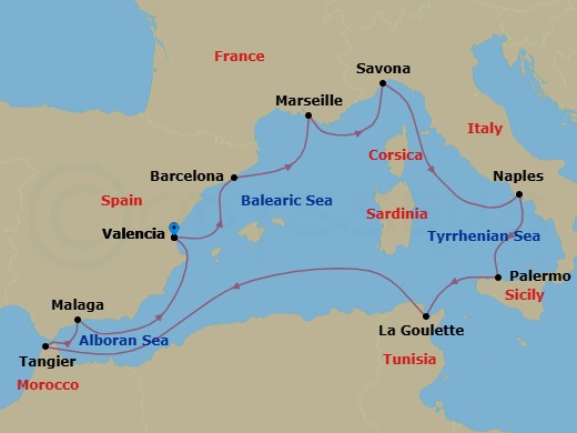 Route map: Valencia → Barcelona → Marseille → Savona → Naples → Palermo → La Goulette (Tunis) → Tangier → Malaga → Valencia