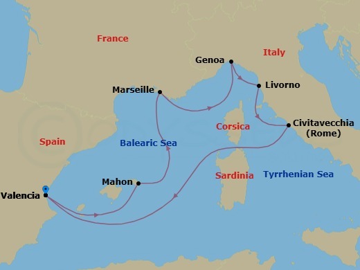 Route map: Valencia → Genoa (Portofino) Italien → Marseille → Genoa → Livorno → Rome (Civitavecchia) → Valencia