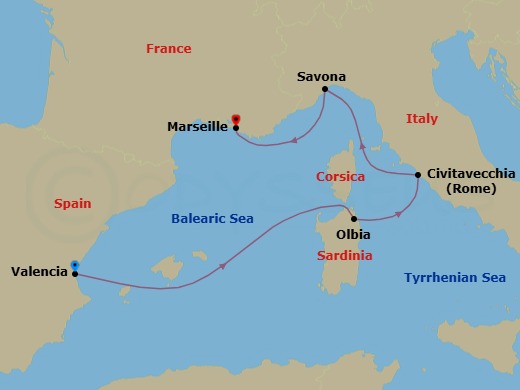 Route map: Valencia → Olbia → Rome (Civitavecchia) → Savona → Marseille
