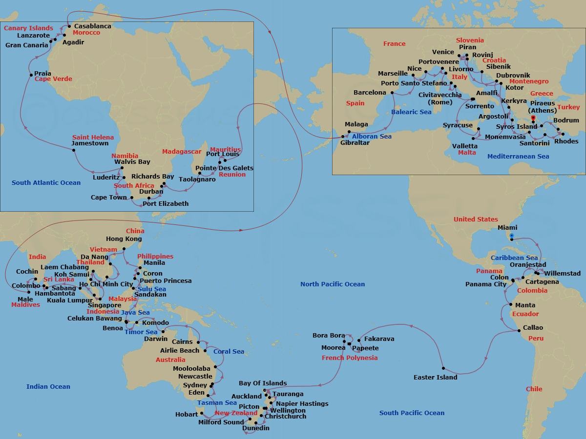 Route map: Miami, Florida → Oranjestad → Willemstad → Cartagena → Colon → Panama City (Fuerte Amador) → Manta → Callao (Lima) → Easter Island → Pitcairn Island