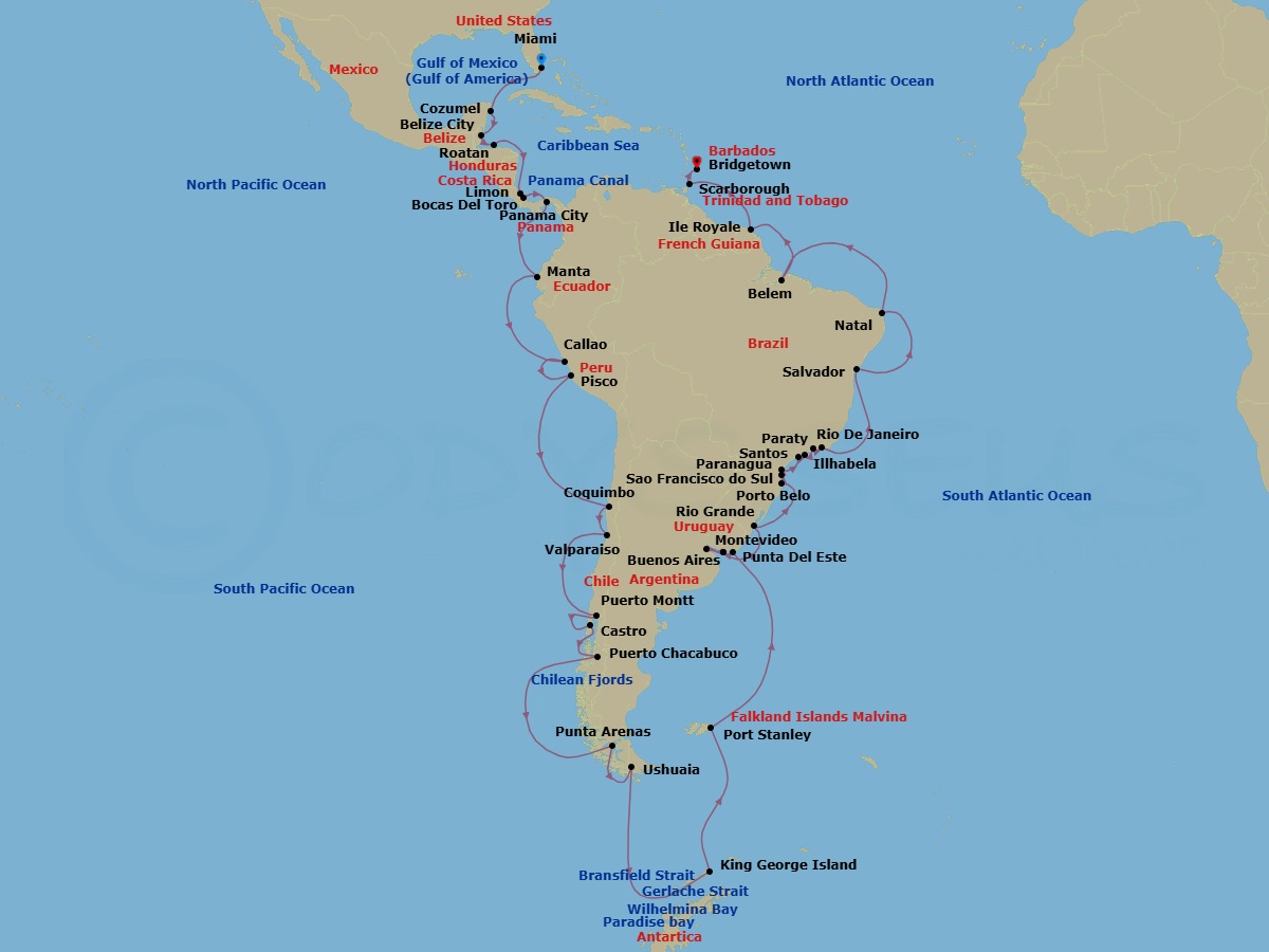 Route map: Miami → Cozumel → Belize City → Roatan → Limon → Bocas Del Toro → Panama Canal → Panama City → Manta → Callao