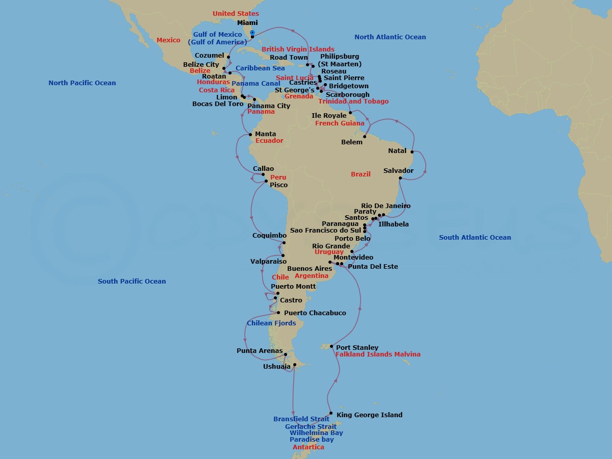 Route map: Miami → Cozumel → Belize City → Roatan → Limon → Bocas Del Toro → Panama Canal → Panama City → Manta → Callao
