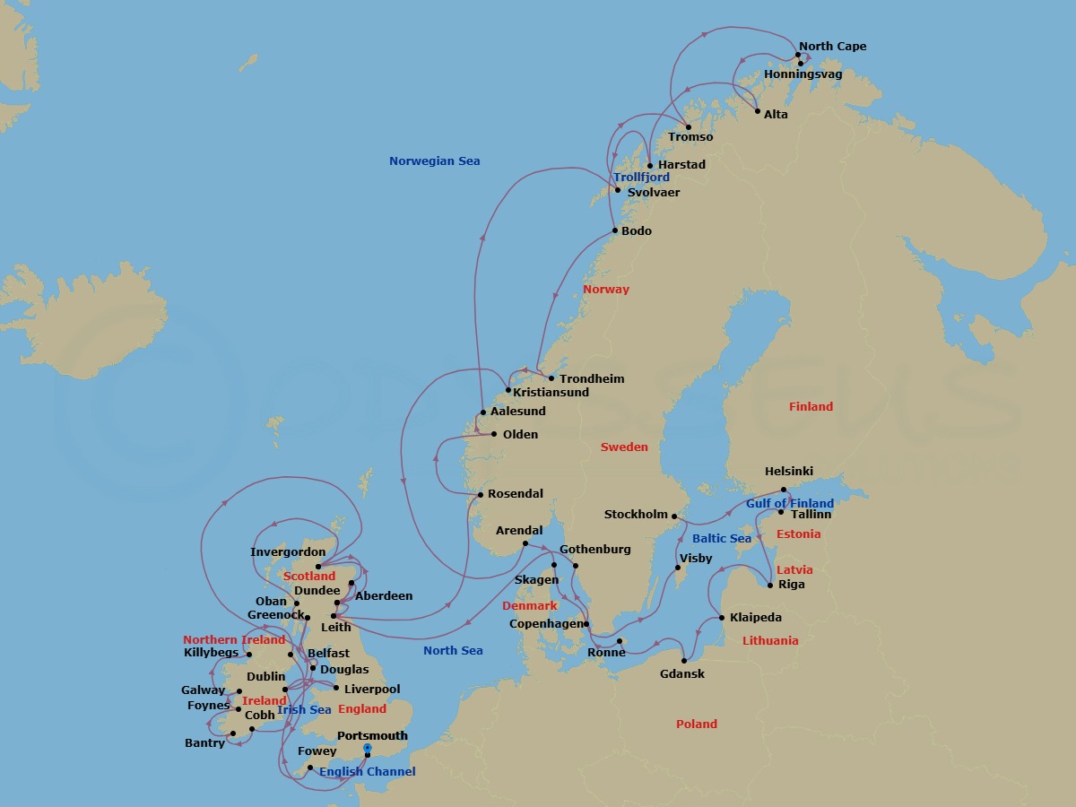 Route map: Portsmouth, England → Liverpool, England → Dublin → Glasgow (Greenock), Scotland → Douglas → Invergordon, Scotland → Aberdeen, Scotland → Dundee, Scotland → Leith (Edinburgh), Scotland → Rosendal