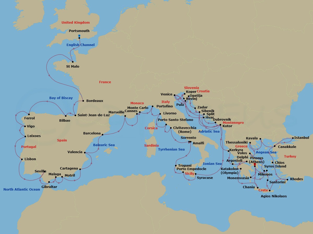 Route map: Portsmouth, England → Saint-Malo → Bordeaux → St Jean De Luz → Bilbao → Ferrol → Vigo → Porto (Leixoes) → Lisbon → Seville