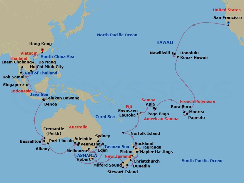 Route map: San Francisco → Honolulu → Nawiliwili, Kauai, Hi → Kona- Hawaii → Moorea → Bora Bora → Papeete → Bora Bora → Pago Pago → Apia