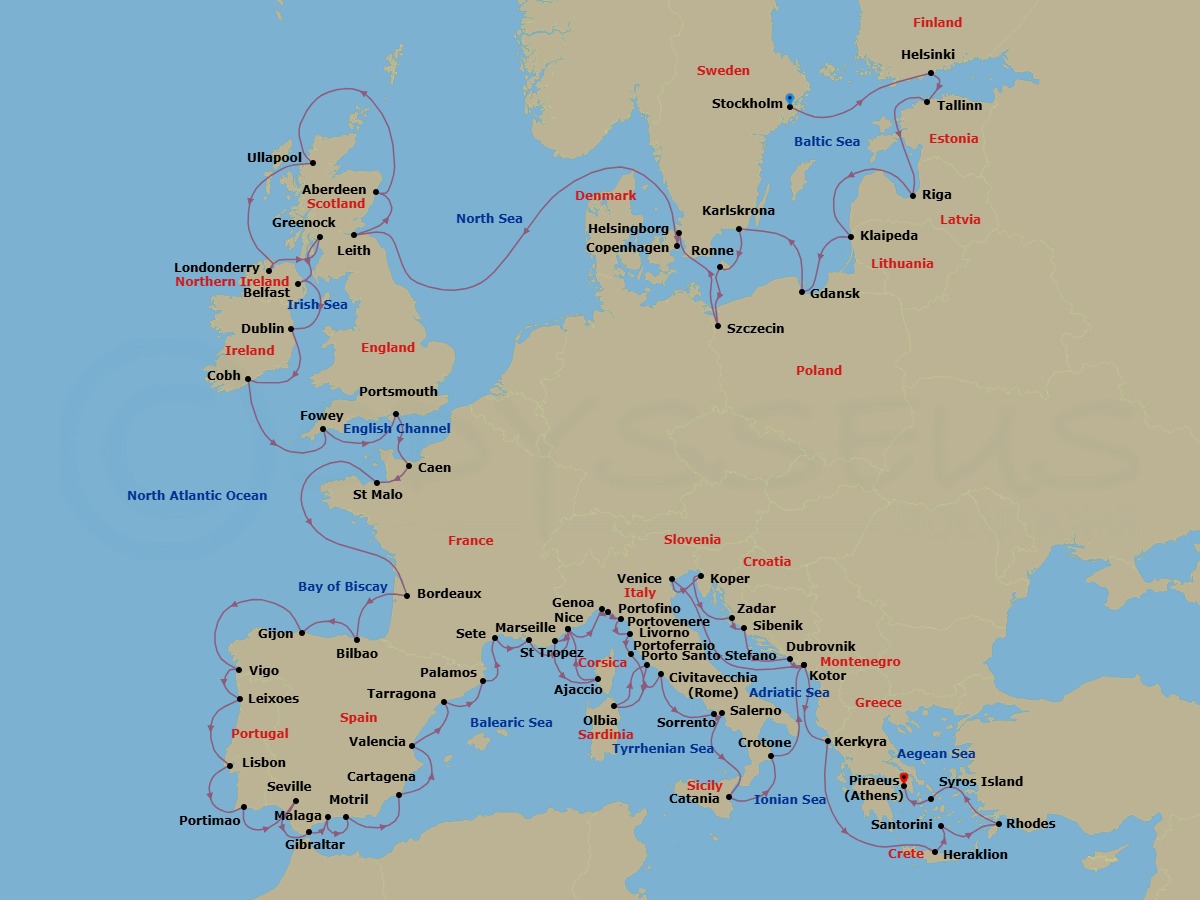 Route map: Stockholm → Helsinki → Tallinn → Riga → Klaipeda → Gdansk → Karlskrona, Sweden → Ronne, Bornholm → Szczecin → Helsingborg