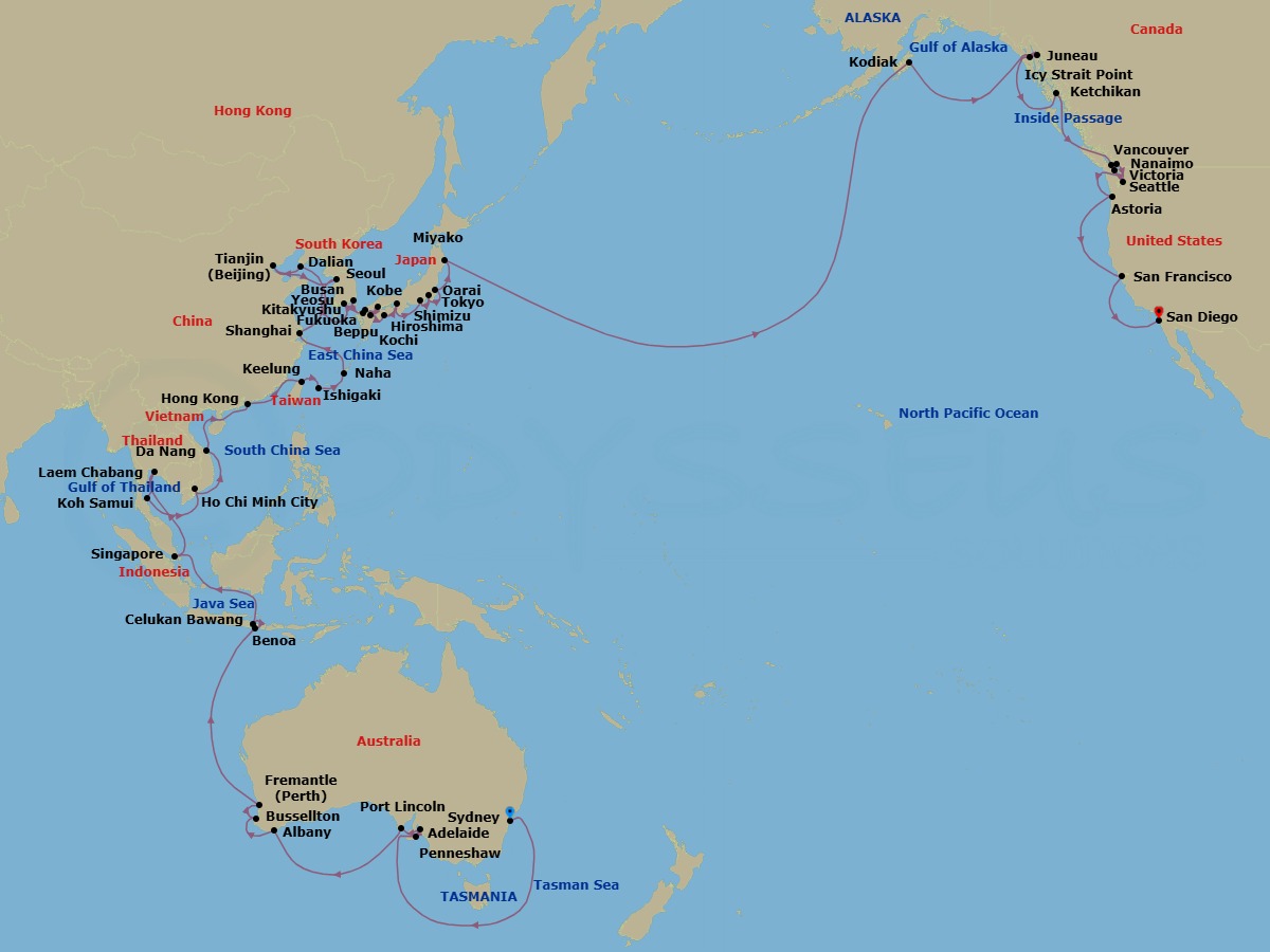 Route map: Sydney → Kangaroo Island  (Penneshaw) → Adelaide → Port Lincoln → Albany → Margaret River (Busselton) → Perth (Fremantle) → Benoa, Bali → Celukan,Bawang, Bali → Singapore