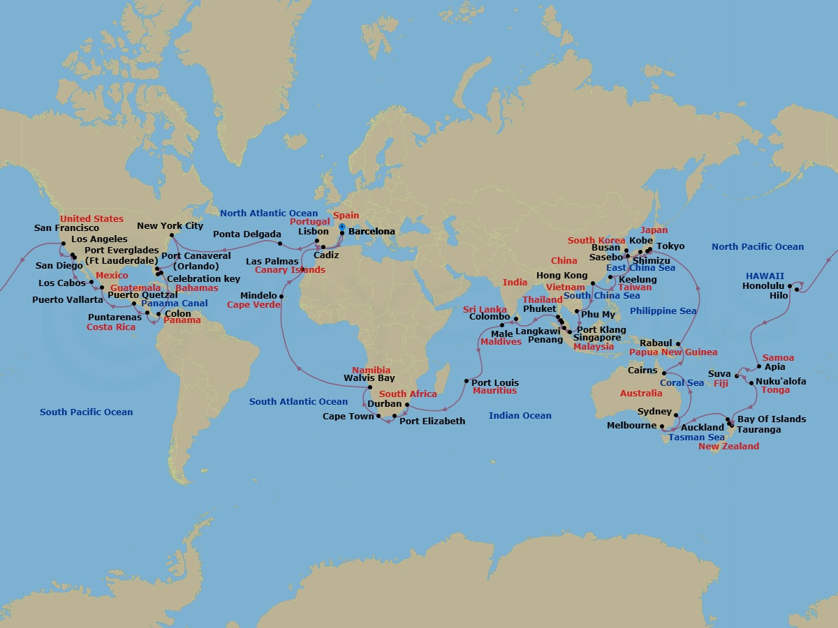 Route map: Barcelona → Cadiz → Lisbon → Ponta Delgada (Azores) → NEW YORK → P CANAVERAL → PORT EVERGLADES → Celebration Key (Bahamas) → Colon → Puntarenas