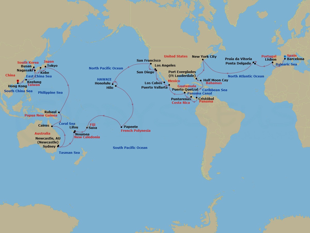 Route map: Barcelona → Lisbon → Ponta Delgada (Azores) → Praia da Vitoria (Azores) → NEW YORK → PORT EVERGLADES → Half Moon Cay → Panama City → Puntarenas → Puerto Quetzal