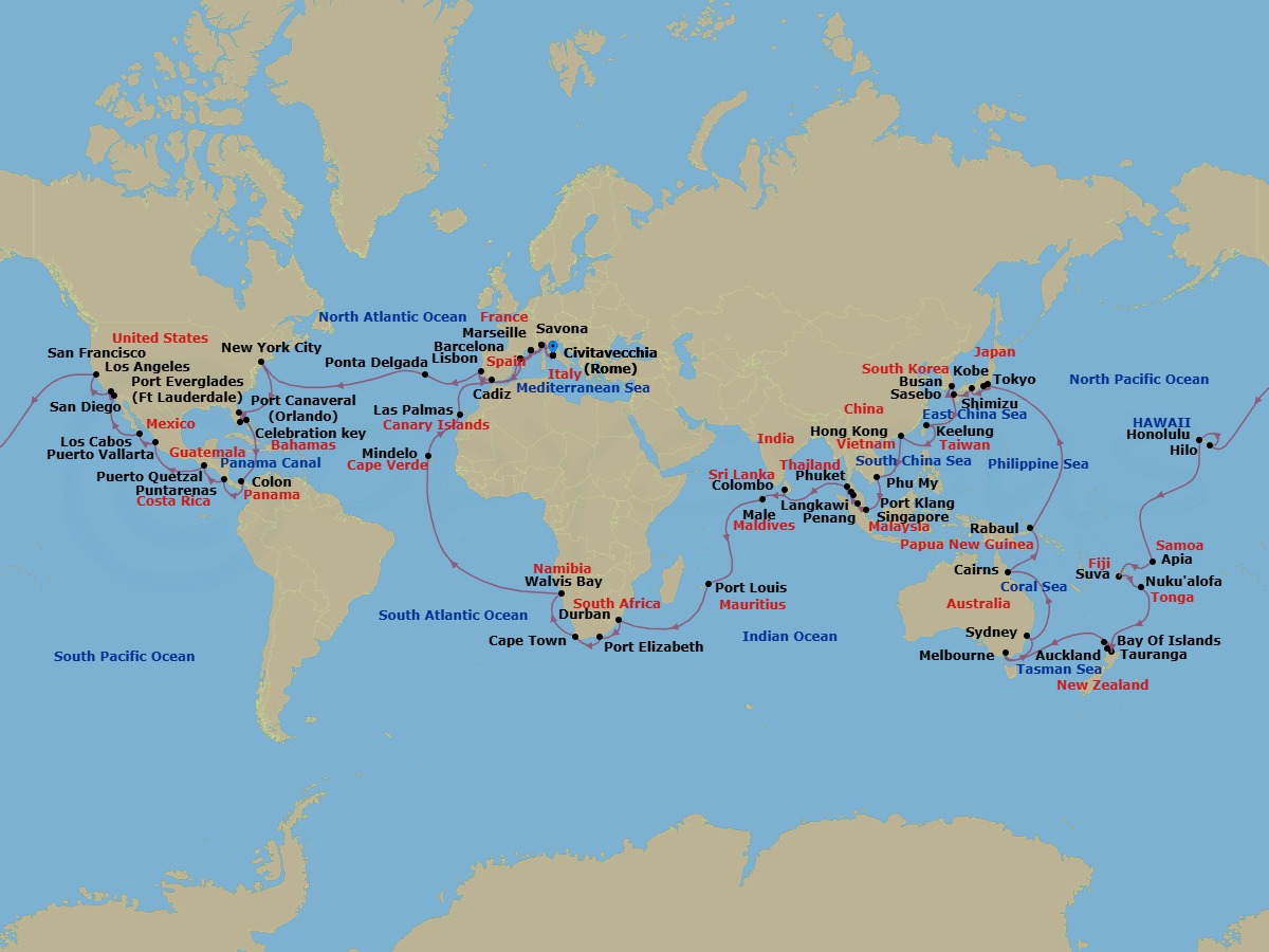 Route map: Civitavecchia (Rome) → Savona → Marseille → Barcelona → Cadiz → Lisbon → Ponta Delgada (Azores) → NEW YORK → P CANAVERAL → PORT EVERGLADES