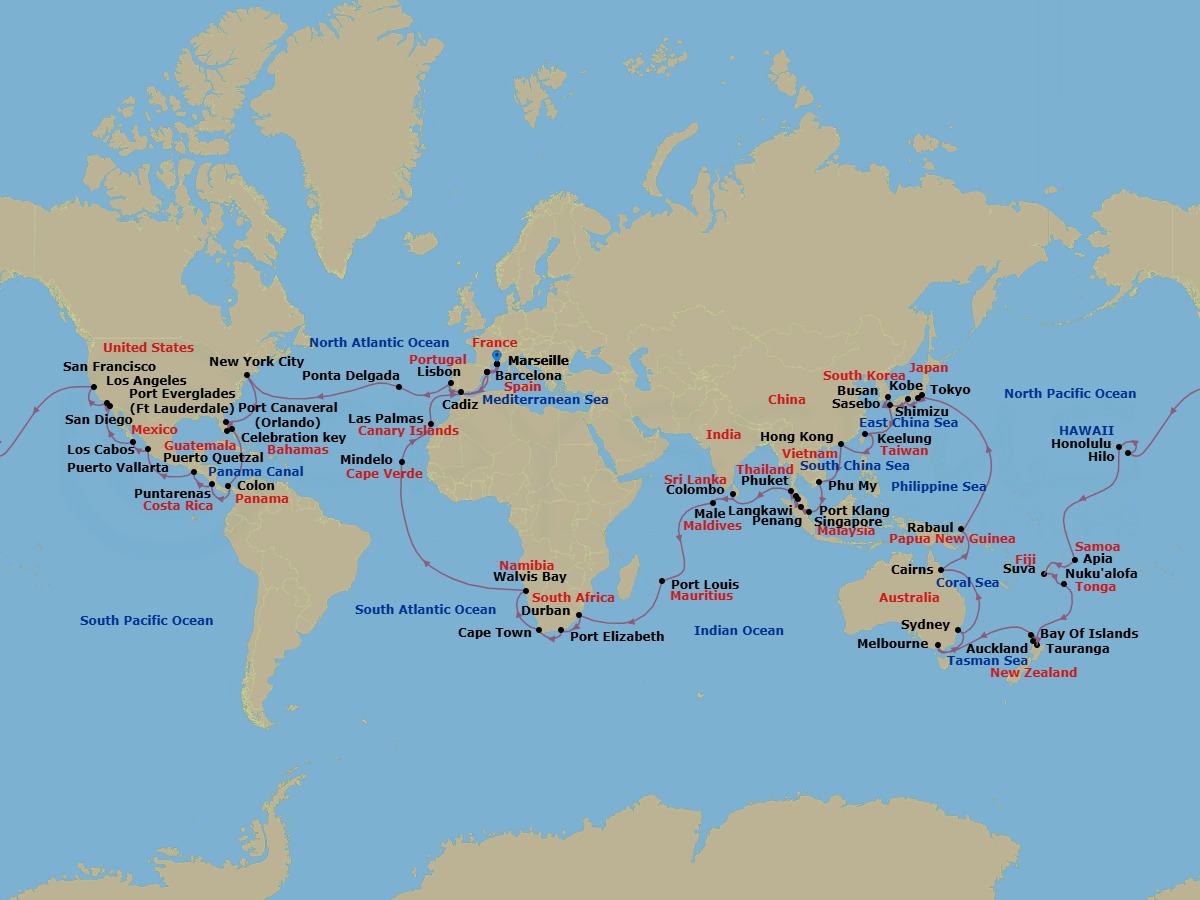 Route map: Marseille → Barcelona → Cadiz → Lisbon → Ponta Delgada (Azores) → NEW YORK → P CANAVERAL → PORT EVERGLADES → Celebration Key (Bahamas) → Colon