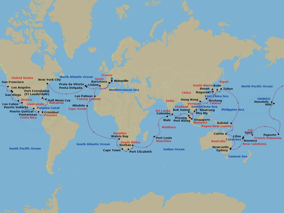 Route map: Marseille → Barcelona → Lisbon → Ponta Delgada (Azores) → Praia da Vitoria (Azores) → NEW YORK → PORT EVERGLADES → Half Moon Cay → Panama City → Puntarenas