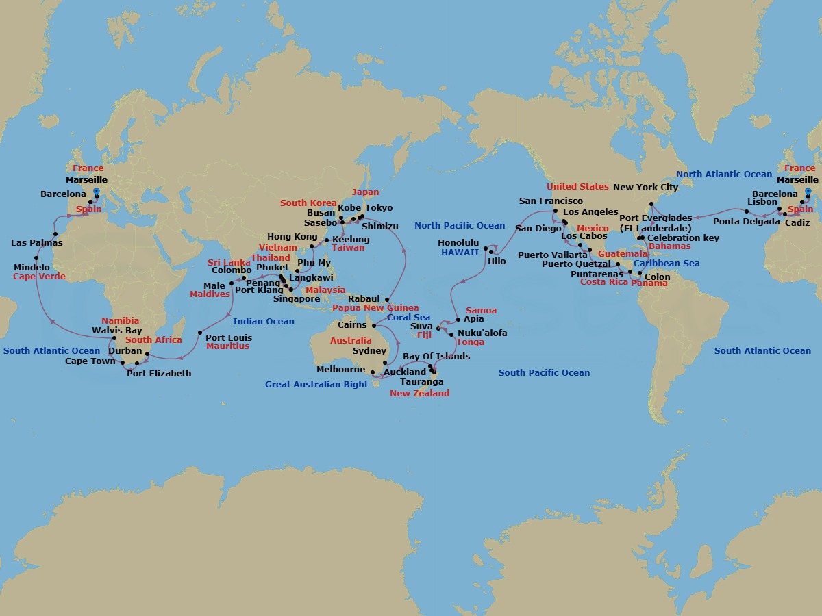 Route map: Marseille → Barcelona → Cadiz → Lisbon → Ponta Delgada → New York City → Ft Lauderdale (Port Everglades) → Celebration Key, The Bahamas → Colon → Puntarenas