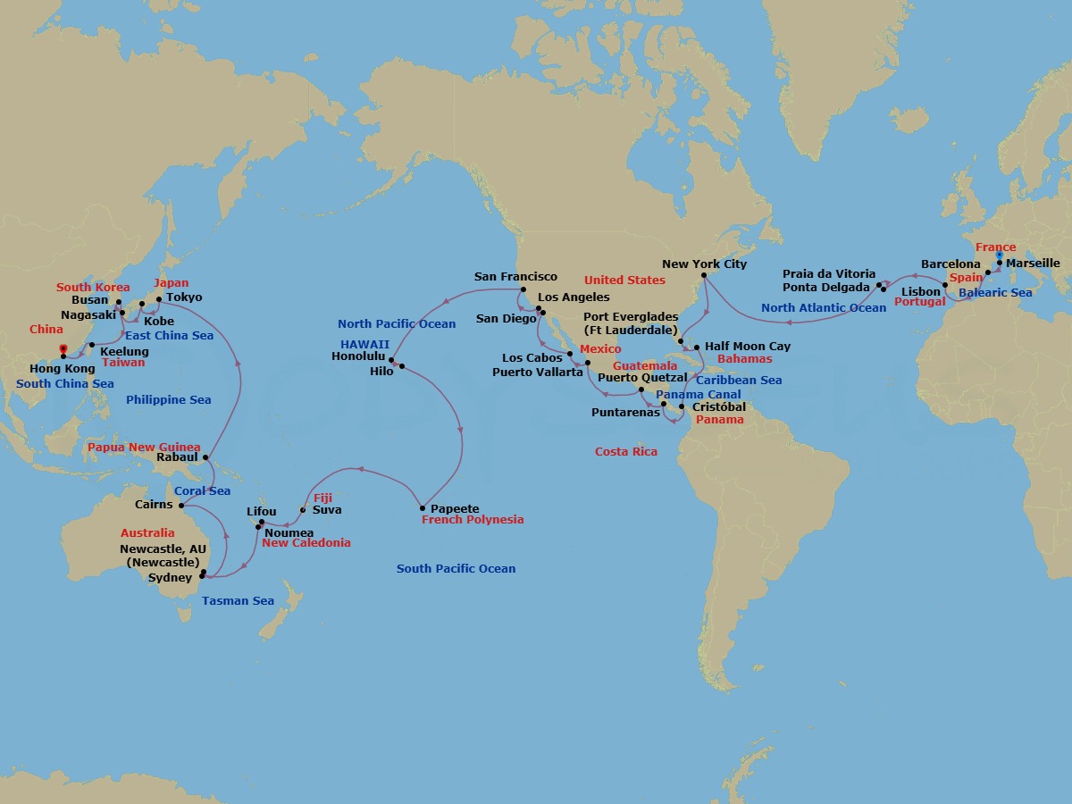 Route map: Marseille → Barcelona → Lisbon → Ponta Delgada (Azores) → Praia da Vitoria (Azores) → NEW YORK → PORT EVERGLADES → Half Moon Cay → Panama City → Puntarenas