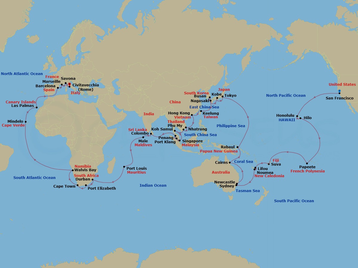 Route map: SAN FRANCISCO → HONOLULU → ITO (HILO) → Papeete (Tahiti) → Suva → Lifou (Loyalty Islands) → NOUMEA → Sydney → Newcastle (New South Wales) → Cairns