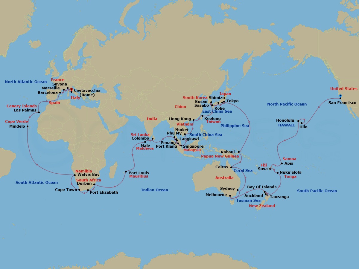 Route map: SAN FRANCISCO → ITO (HILO) → HONOLULU → Apia → Suva → Nukualofa → Tauranga → Auckland → Waitangi (Bay of Islands) → Melbourne