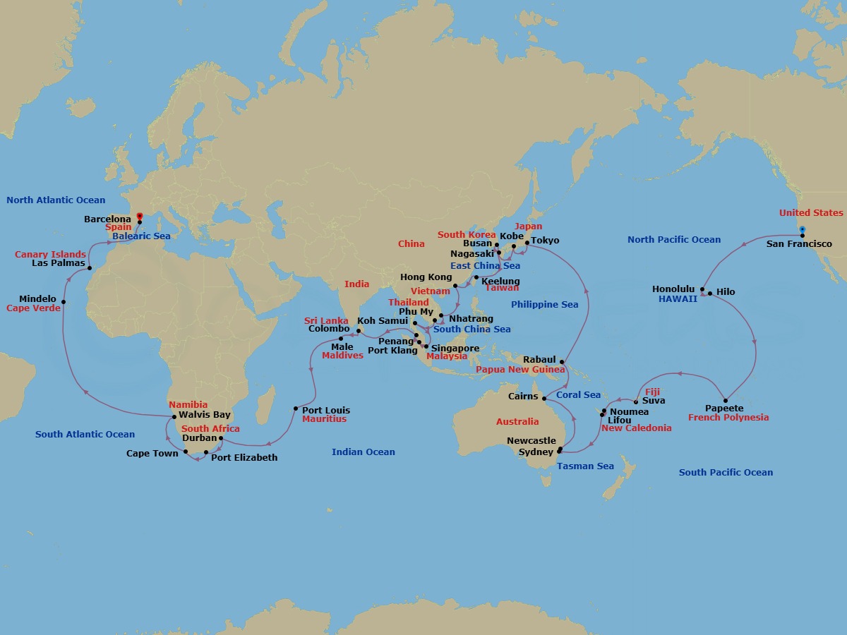 Route map: SAN FRANCISCO → HONOLULU → ITO (HILO) → Papeete (Tahiti) → Suva → Lifou (Loyalty Islands) → NOUMEA → Sydney → Newcastle (New South Wales) → Cairns
