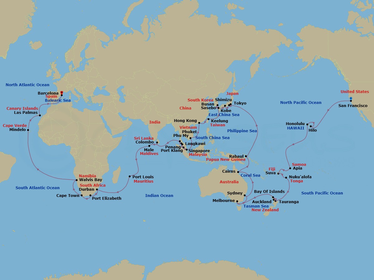 Route map: SAN FRANCISCO → ITO (HILO) → HONOLULU → Apia → Suva → Nukualofa → Tauranga → Auckland → Waitangi (Bay of Islands) → Melbourne