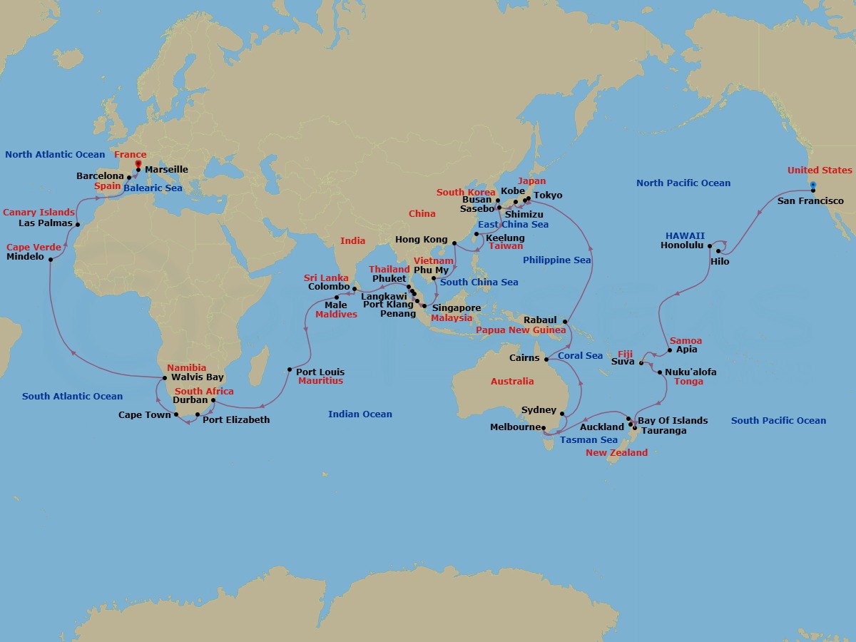 Route map: SAN FRANCISCO → HONOLULU → ITO (HILO) → Papeete (Tahiti) → Suva → Lifou (Loyalty Islands) → NOUMEA → Sydney → Newcastle (New South Wales) → Cairns