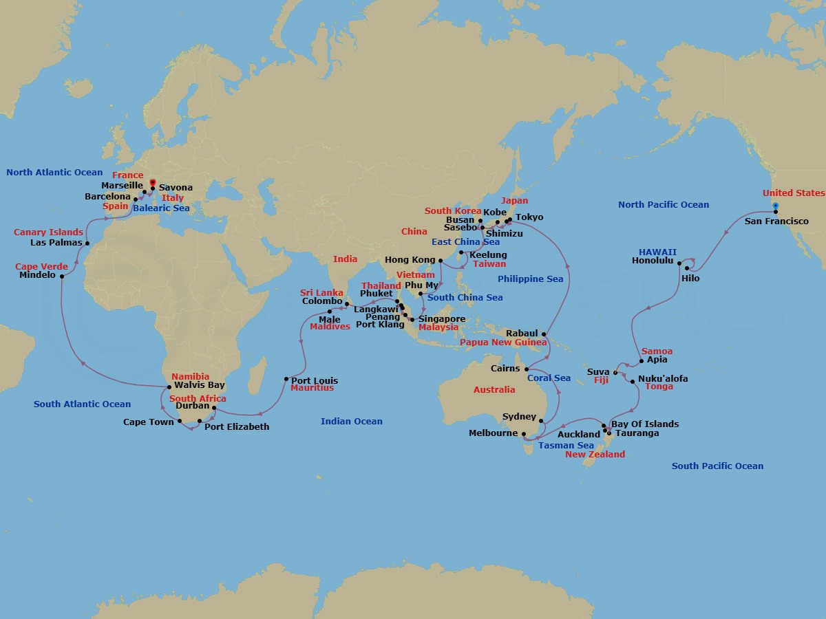 Route map: SAN FRANCISCO → HONOLULU → ITO (HILO) → Papeete (Tahiti) → Suva → Lifou (Loyalty Islands) → NOUMEA → Sydney → Newcastle (New South Wales) → Cairns