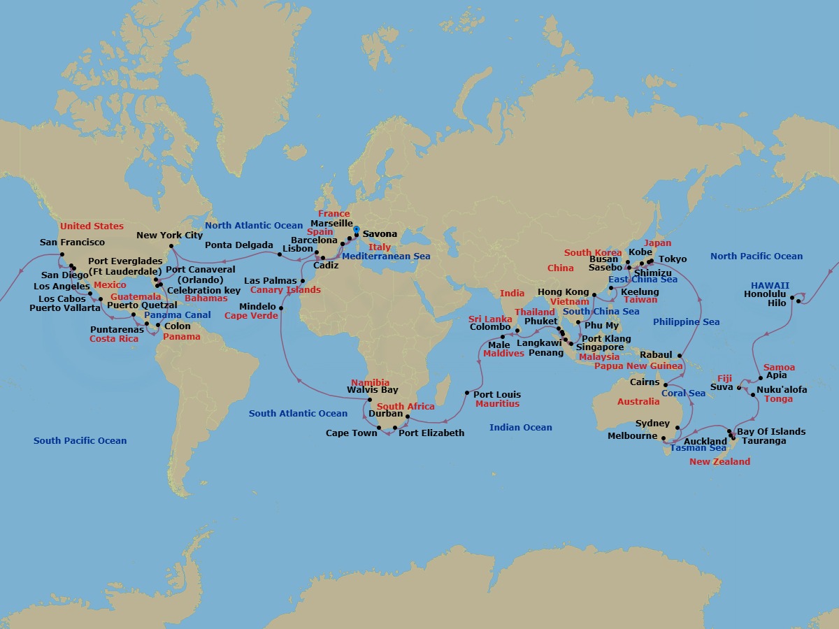 Route map: Savona → Marseille → Barcelona → Cadiz → Lisbon → Ponta Delgada (Azores) → NEW YORK → P CANAVERAL → PORT EVERGLADES → Celebration Key (Bahamas)
