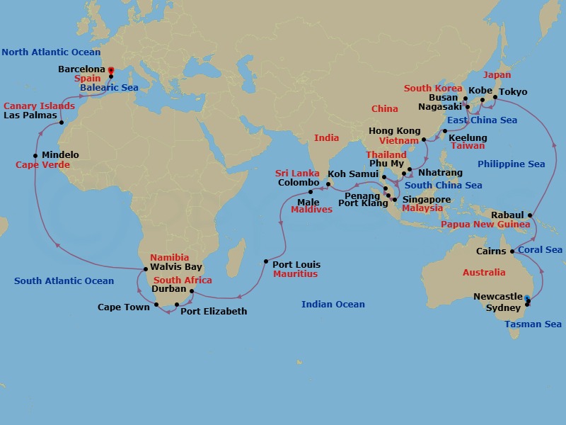 Route map: Sydney → Newcastle (New South Wales) → Cairns → RABAUL → Tokyo → Kobe (Kyoto) → Nagasaki → BUSAN → Keelung (Taipei) → HONGKONG