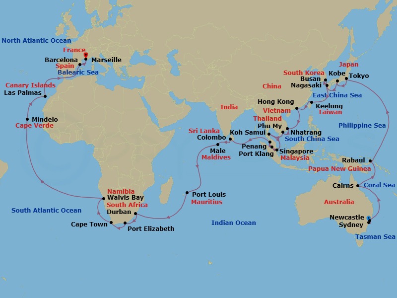 Route map: Sydney → Newcastle → Cairns → Rabaul → Tokyo → Kobe → Nagasaki → Busan → Keelung → Hong Kong