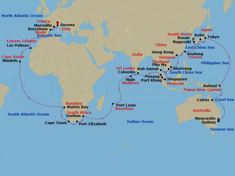 Route map: Sydney → Newcastle (New South Wales) → Cairns → RABAUL → Tokyo → Kobe (Kyoto) → Nagasaki → BUSAN → Keelung (Taipei) → HONGKONG