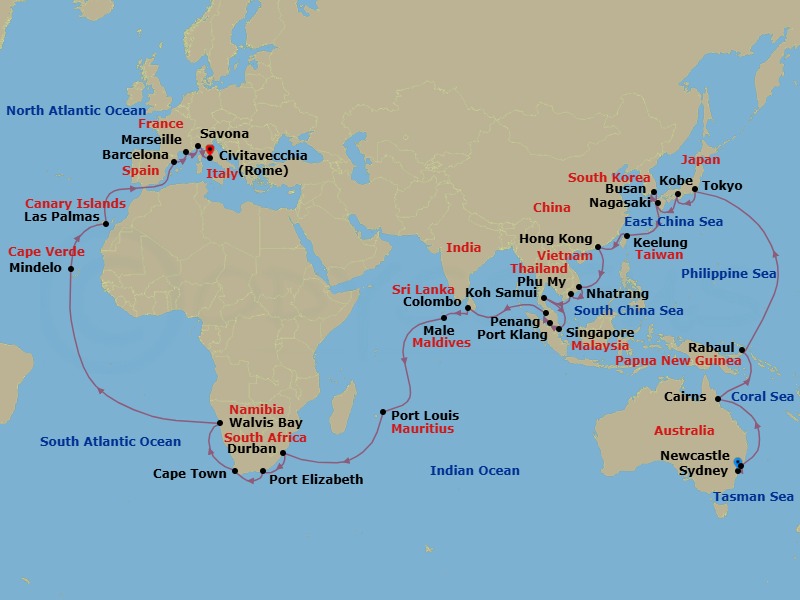 Route map: Sydney → Newcastle (New South Wales) → Cairns → RABAUL → Tokyo → Kobe (Kyoto) → Nagasaki → BUSAN → Keelung (Taipei) → HONGKONG