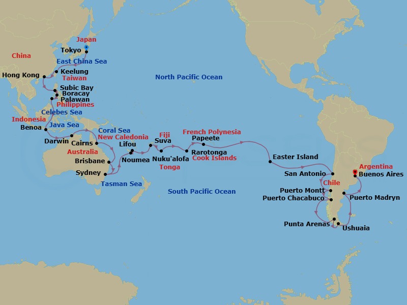 Route map: Tokyo → Keelung (Taipei) → HONGKONG → Subic Bay → Boracay → Puerto Princesa (Palawan) → Benoa (Bali) → Darwin → Cairns → Brisbane