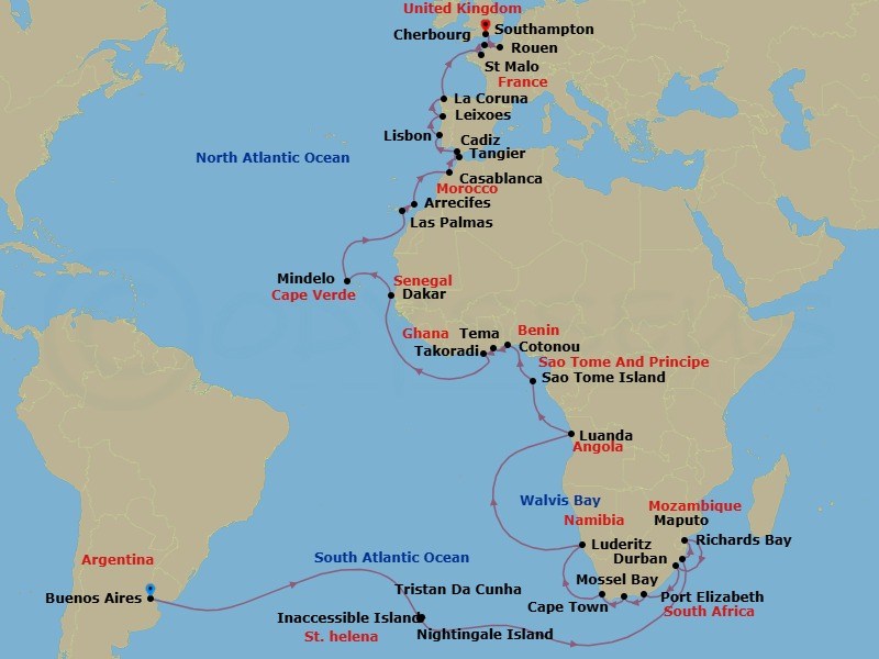 Route map: Buenos Aires, Argentina → Tristan da Cunha, St Helena, Ascension & Tristan da Cunha → Nightingale Island, St Helena, Ascension & Tristan da Cunha → Richards Bay, South Africa → Maputo, Mozambique → Durban, South Africa → Gqeberha (Port Elizabeth), South Africa → Mossel Bay, South Africa → Cape Town, South Africa → Luderitz, Namibia