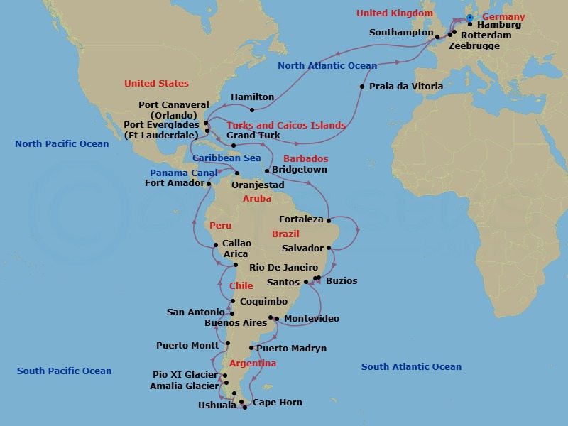 Route map: Hamburg, Germany → Rotterdam, Netherlands → Zeebrugge (tours to Bruges), Belgium → Southampton, England, UK → Hamilton, Bermuda → Port Canaveral, FL, USA → Fort Lauderdale, FL, USA → Grand Turk, Turks and Caicos  Islands → Bridgetown, Barbados → Fortaleza, Brazil