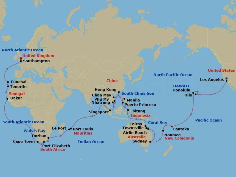Route map: Los Angeles, CA, USA → Hilo, HI, USA → Honolulu, HI, USA → Cross International Date Line (Cruise-by) → Lautoka, Fiji → Noumea, New Caledonia → Sydney, NSW, Australia → Airlie Beach, QLD, Australia → Townsville, QLD, Australia → Cairns, QLD, Australia