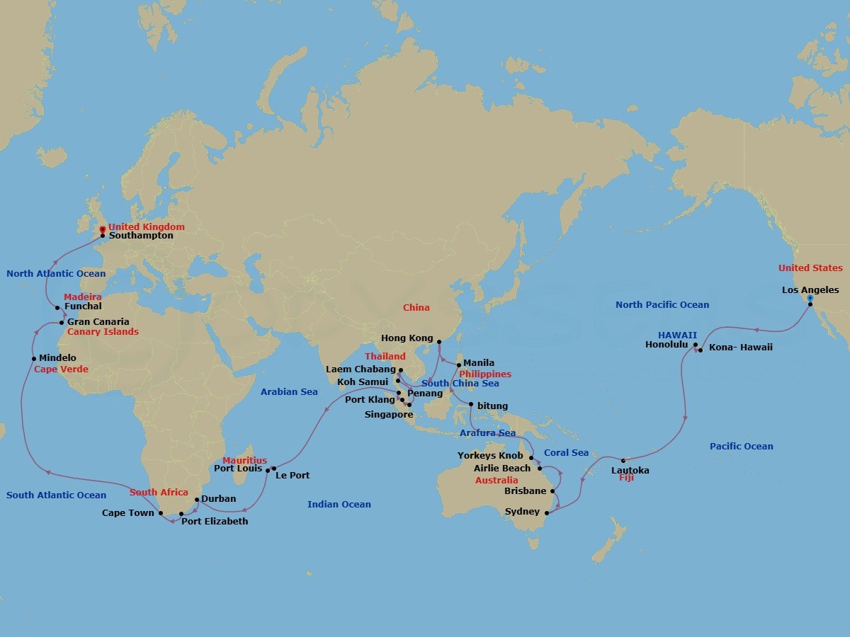 Route map: Los Angeles, CA, USA → Kona, HI, USA → Honolulu, HI, USA → Cross International Date Line (Cruise-by) → Lautoka, Fiji → Sydney, NSW, Australia → Brisbane, QLD, Australia → Airlie Beach, QLD, Australia → Yorkeys Knob (tours to Cairns), QLD, Australia → Bitung, Indonesia