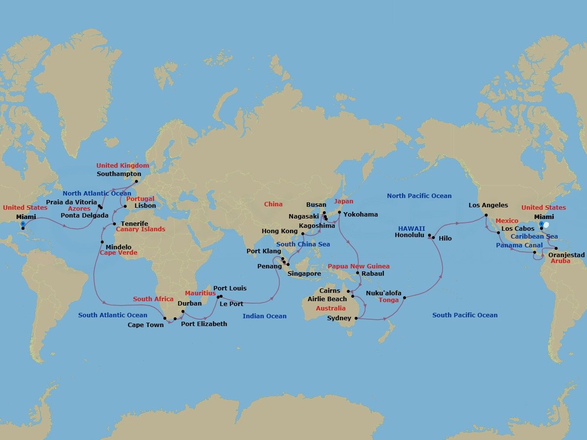 Route map: Miami → Praia da Vitoria → Ponta Delgada → Southampton → Lisbon → Tenerife → Mindelo → Cape Town → Port Elizabeth → Durban