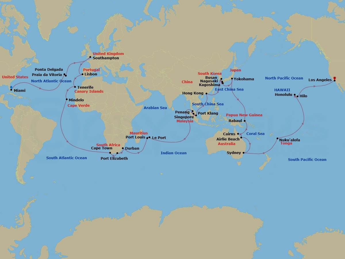 Route map: Miami, FL, USA → Praia da Vitoria, Azores,     Portugal → Ponta Delgada, Azores, Portugal → Southampton, England, UK → Lisbon, Portugal → Tenerife, Spain → Mindelo, St Vincent, Cape     Verde → Cape Town, South Africa → Gqeberha (Port Elizabeth),    South Africa → Durban, South Africa