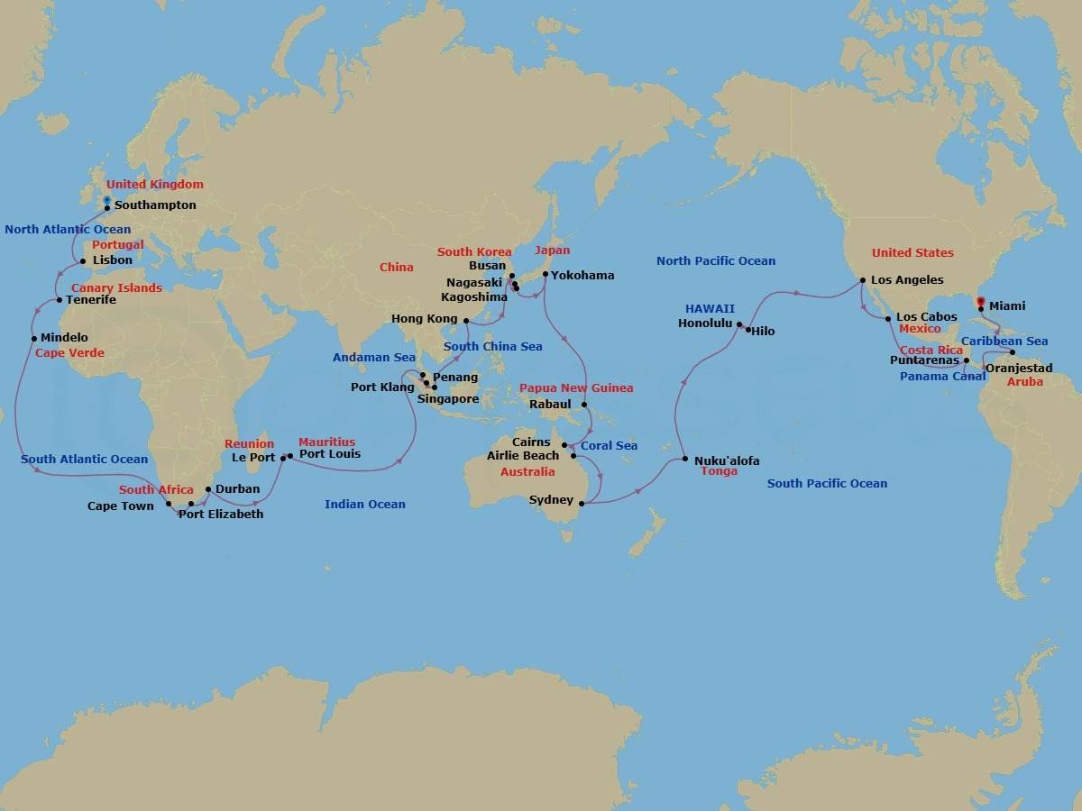 Route map: Southampton, England, UK → Lisbon, Portugal → Tenerife, Spain → Mindelo, St Vincent, Cape     Verde → Cape Town, South Africa → Gqeberha (Port Elizabeth),    South Africa → Durban, South Africa → Le Port, Reunion → Port Louis, Mauritius → Penang, Malaysia