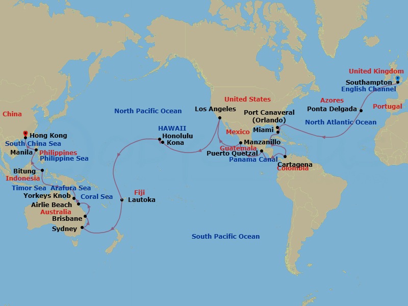 Route map: Southampton, England, UK → Ponta Delgada, Azores, Portugal → Port Canaveral, FL, USA → Miami, FL, USA → Cartagena, Colombia → Transit the Panama Canal,     Panama (Full Transit) → Puerto Quetzal, Guatemala → Manzanillo, Mexico → Los Angeles, CA, USA → Kona, HI, USA