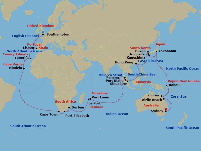 Route map: Southampton, England, UK → Lisbon, Portugal → Tenerife, Spain → Mindelo, St Vincent, Cape     Verde → Cape Town, South Africa → Gqeberha (Port Elizabeth),    South Africa → Durban, South Africa → Le Port, Reunion → Port Louis, Mauritius → Penang, Malaysia