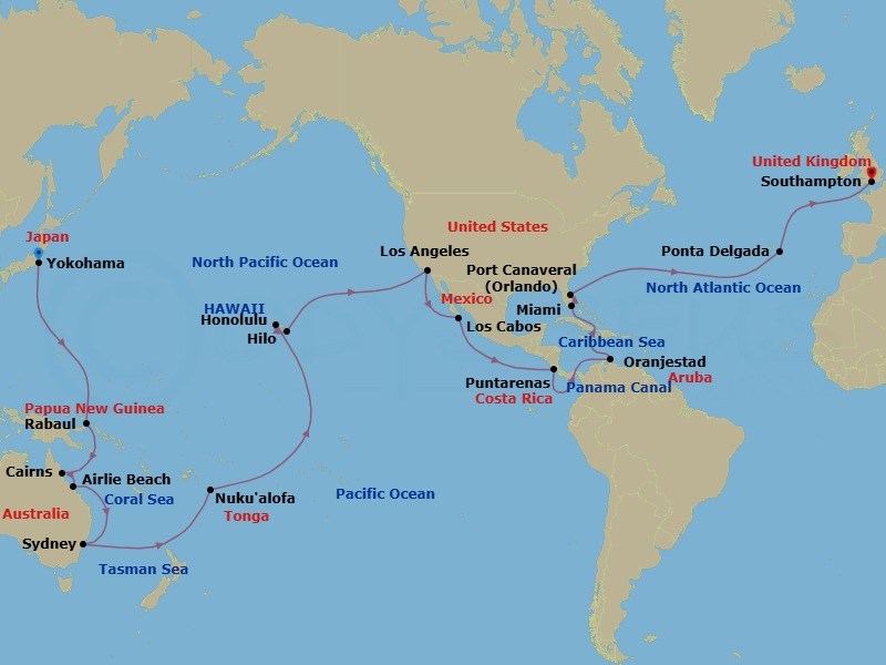 Route map: Yokohama (tours to Tokyo), Japan → Rabaul, Papua New Guinea → Cairns, QLD, Australia → Airlie Beach, QLD, Australia → Sydney, NSW, Australia → Nuku'alofa, Tonga → Cross International Date Line (Cruise-by) → Honolulu, HI, USA → Hilo, HI, USA → Los Angeles, CA, USA