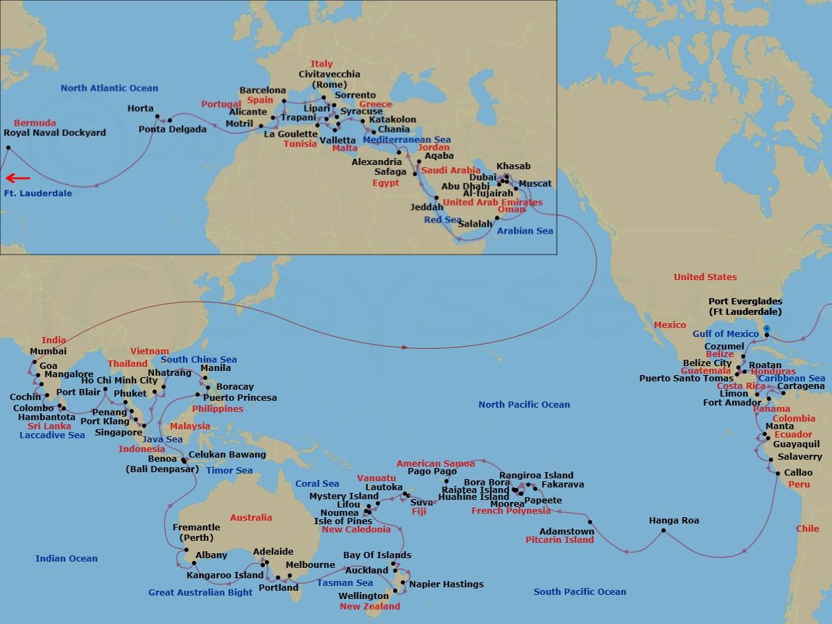 Route map: Fort Lauderdale → Cozumel Quintana Roo → Belize City → Santo Tomas → Roatan Island → Puerto Limon → Cartagena → Panama Canal Transit → Fuerte Amador (Panama City) → Manta
