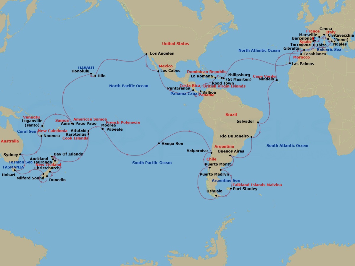Route map: Barcelona Spain → Gibraltar Gibraltar → Casablanca (Marrakech) Morocco → Mindelo Cape Verde → Salvador Brazil → Rio de Janeiro Brazil → Buenos Aires Argentina → Puerto Madryn Argentina → Port Stanley Isola di Falkland → Ushuaia Argentina