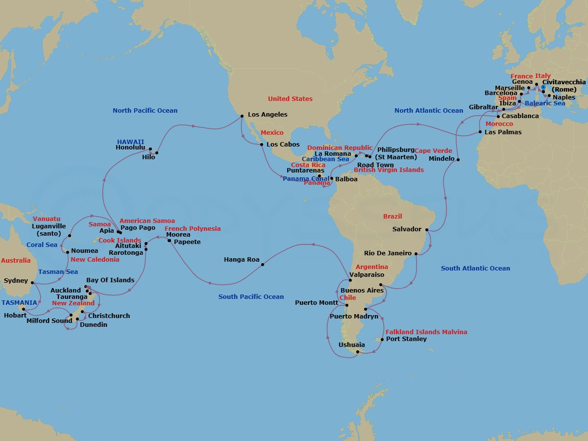 Route map: Civitavecchia (Rome) Italy → Genoa (Portofino) Italy → Marseille (Provence) France → Barcelona Spain → Gibraltar Gibraltar → Casablanca (Marrakech) Morocco → Mindelo Cape Verde → Salvador Brazil → Rio de Janeiro Brazil → Buenos Aires Argentina