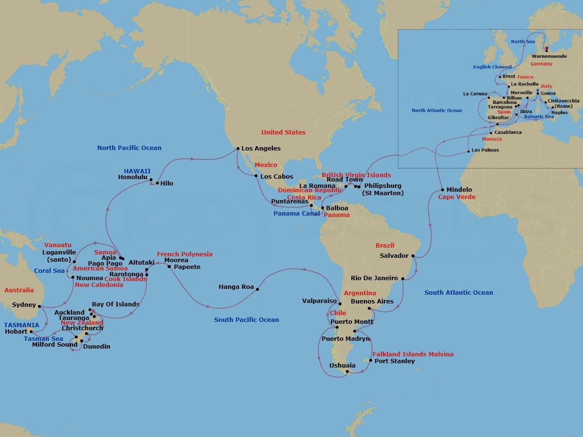 Route map: Genoa (Portofino) Italy → Marseille (Provence) France → Barcelona Spain → Gibraltar Gibraltar → Casablanca (Marrakech) Morocco → Mindelo Cape Verde → Salvador Brazil → Rio de Janeiro Brazil → Buenos Aires Argentina → Puerto Madryn Argentina