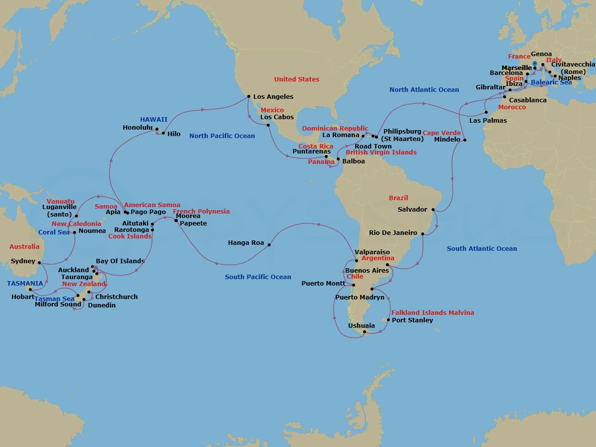 Route map: Marseille (Provence) France → Barcelona Spain → Gibraltar Gibraltar → Casablanca (Marrakech) Morocco → Mindelo Cape Verde → Salvador Brazil → Rio de Janeiro Brazil → Buenos Aires Argentina → Puerto Madryn Argentina → Port Stanley Isola di Falkland