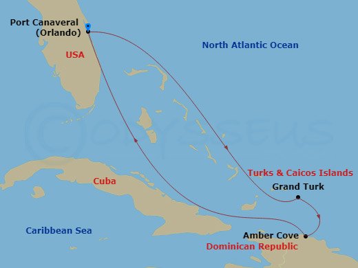 Route map: Orlando (Port Canaveral) → Amber Cove → Grand Turk → Orlando (Port Canaveral)