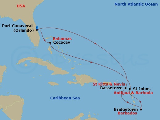 Route map: Orlando (Port Canaveral), Fl → Basseterre, St Kitts & Nevis → Bridgetown, Barbados → St. Johns, Antigua → Perfect Day Cococay, Bahamas → Orlando (Port Canaveral), Fl