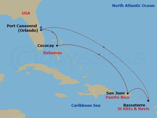 Route map: Orlando (Port Canaveral), Fl → Basseterre, St Kitts & Nevis → San Juan, Puerto Rico → Perfect Day Cococay, Bahamas → Orlando (Port Canaveral), Fl