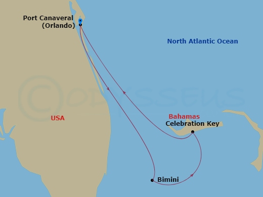 Route map: Port Canaveral (Orlando), Fl → Bimini, The Bahamas → Celebration Key, The Bahamas → Port Canaveral (Orlando), Fl